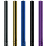 Five anodized metal cylindrical rods shown horizontally in different colors: black, gold, blue, black, and purple, arranged vertically on a plain white background.