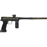 Black and camouflage paintball gun on a white background