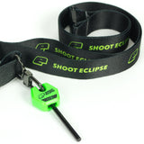 Black lanyard with green 'Shoot Eclipse' branding on a white background