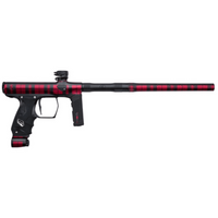Black and red paintball gun on a white background