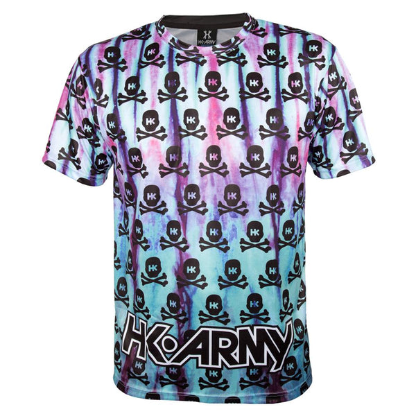 HK Army All Over print shirt with tie dye background and repeating black hk skulls - Front