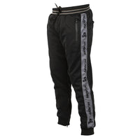 HK Army Track Jogger Pants in Black with HK Skull logo down the side in Grey - Quarter View