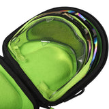 Interior photo of Exalt V3 Universal Lens Case with examples of different lenses that fit. Showcases the Lime ultra-soft high-pile microfiber interior.