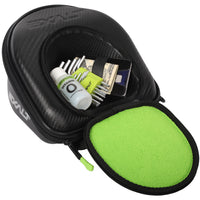 Interior photo of Exalt V3 Universal Lens Case storage pocket. With examples of different items that fit. Showcases the Lime ultra-soft high-pile microfiber interior.